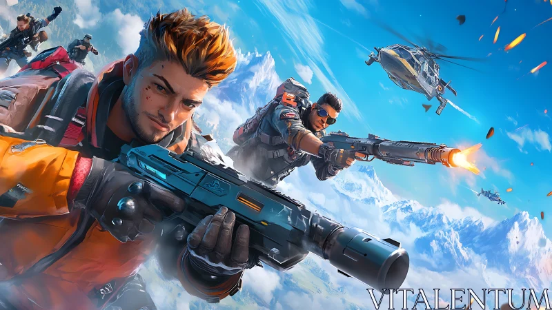 Dynamic squad firefight with stylized weapons over alpine terrain