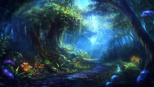 Bioluminescent forest cavern rendered with volumetric light and layered atmospheric perspective