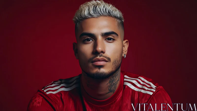 Platinum‑topped football rebel in crimson studio calm.