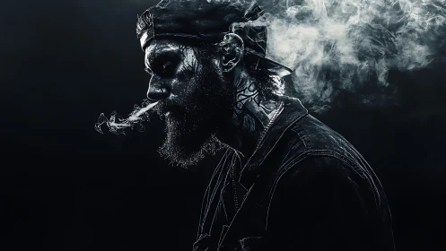 Moody side-lit smoker dissolves into swirling shadows and smoke.