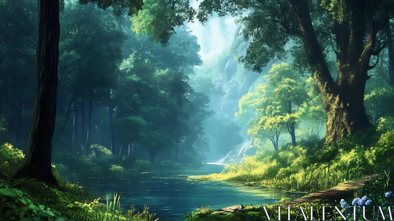 Enchanted Forest River: A Serene Sanctuary of Light and Nature.