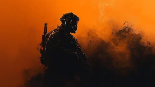 Silhouetted soldier strides through glowing orange battle haze