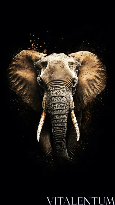 High-contrast frontal elephant portrait with textured dust dispersion