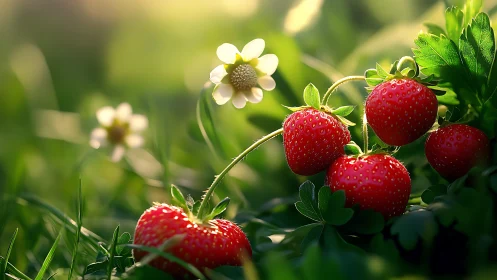 Ripe strawberries hang on low plants beside small white blossoms