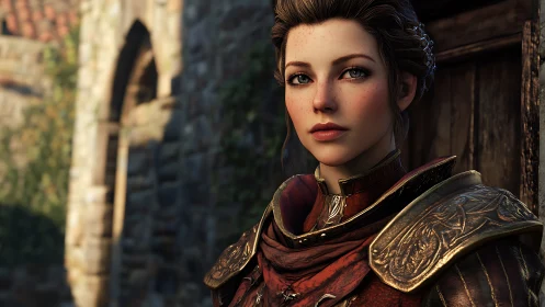 Medieval warrior portrait under warm cinematic sunlight.