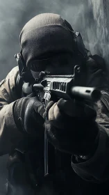 Tactical operator aims rifle through smoke-filled corridor