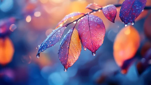Glowing raindrop-kissed leaves in soft sunset garden light.