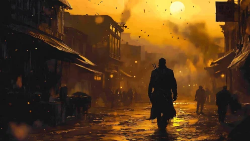 Lone wanderer strides through a glowing dusk drenched street.