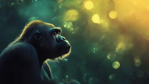 Gorilla profile rendered against blurred yellow green bokeh light