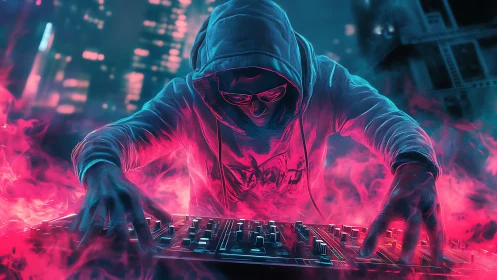 Neon hooded alchemist bends city smoke into pulsing sound