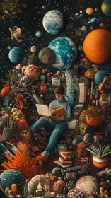 Astral reading boy amid cosmic planets, books and biomorphic forms.