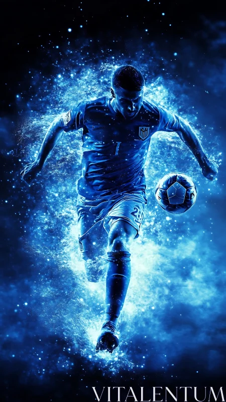 Blazing blue soccer star charges forward with electric energy