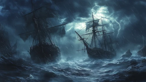 Storm-lashed tall ships chasing courage through dark waves.