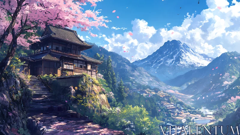 Mountain valley temple under cherry blossoms in spring.