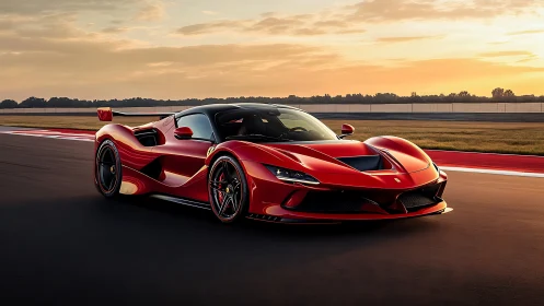 Red supercar on racetrack at sunset in dynamic profile.