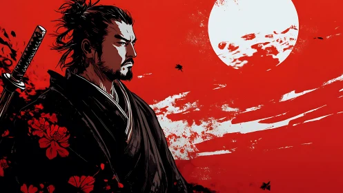 Samurai warrior in black robe under stark red sun.