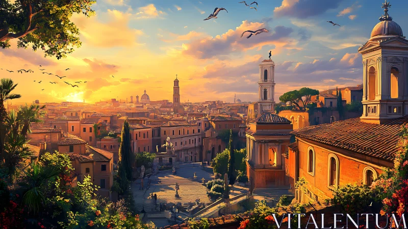 Sunlit historic Mediterranean cityscape with central plaza.