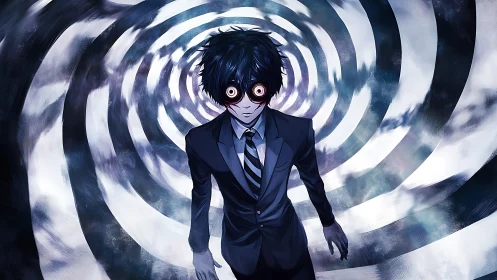 Suited figure with enlarged eyes in spiraling tunnel background.