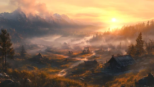 Sunlit mountain valley reveals misty cabins at dawn.