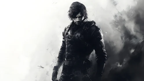 Brooding tactical soldier in monochrome digital artwork.