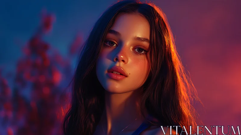 Digital portrait of young woman in vivid sunset lighting.