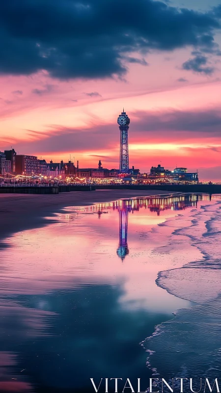 Coastal tower skyline glows over reflective sunset shore.