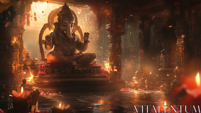 Volumetric-lit Ganesha sanctuary with ritual fire dynamics.