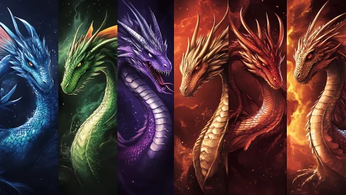 Elemental dragon council in molten, moonlit chromatic splendor.