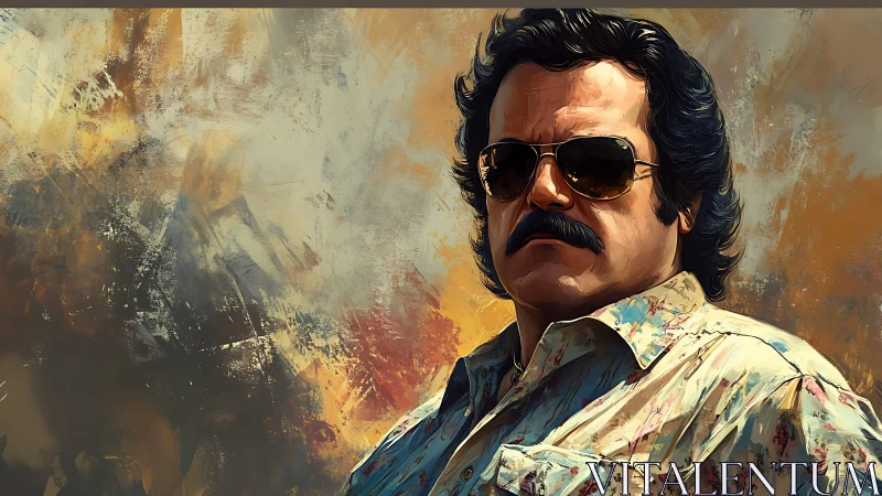 Bold mustached man stands confident against painterly sky