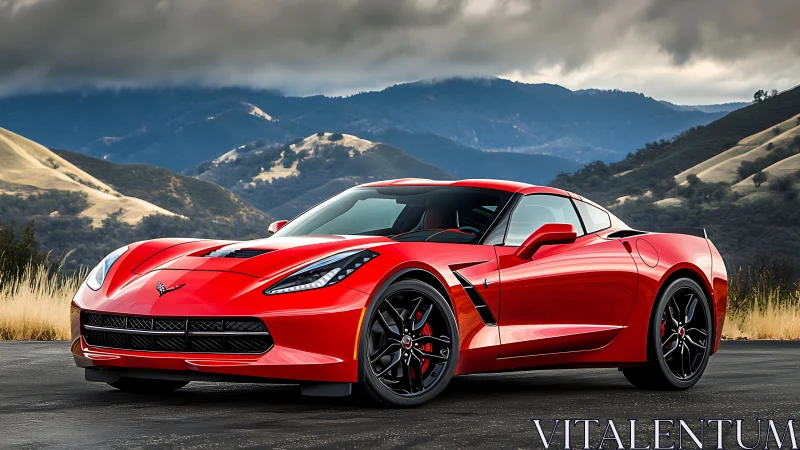 Red sports coupe parked on mountain road under overcast sky.