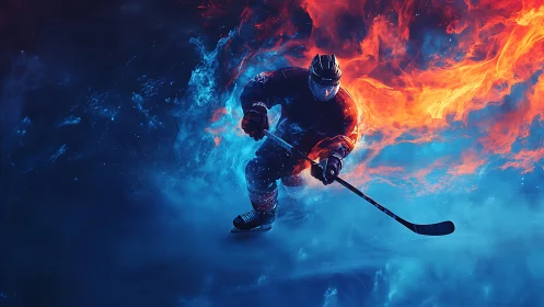 Hockey player skating through fiery and icy abstract scene.