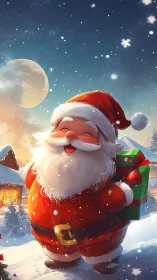 Cartoon Santa stands in snowy village holding wrapped gift