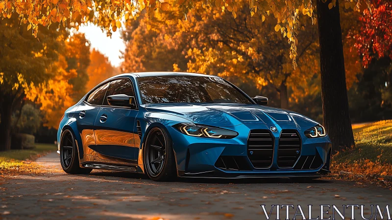 Blue performance sedan parked on tree-lined autumn road.