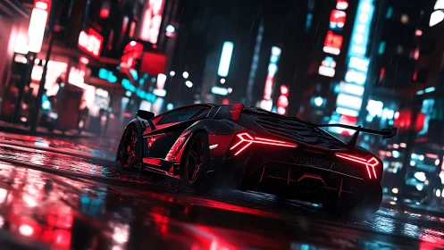 Cyberpunk supercar rear view in neon-soaked night street scene.
