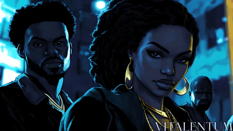 Noir city trio in blue neon with bold gold accents at night.