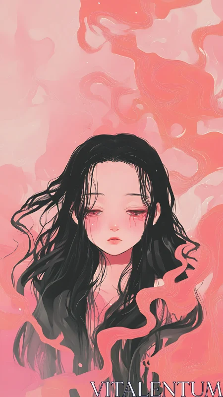 Digital portrait shows girl with flowing hair in pink mist