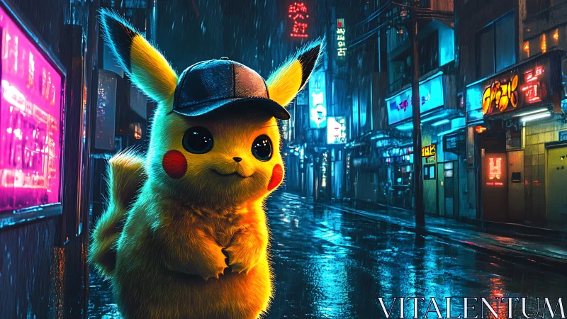 Pikachu in neon lit rainy alley with reflective pavement.