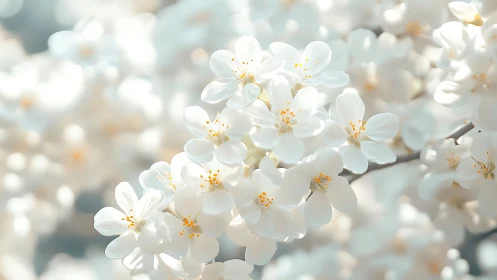 Delicate white blossoms with golden stamens captured in soft focus spring light.