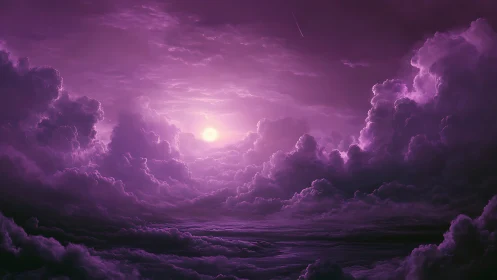 Violet storm clouds embrace radiant twilight sun.