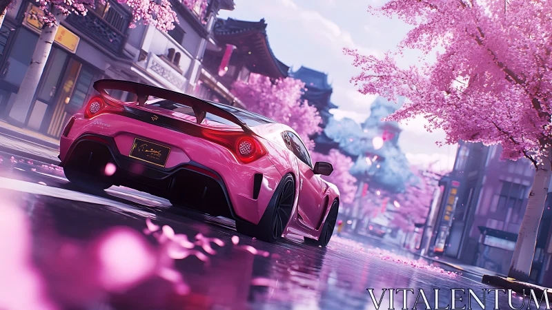 Pink sports car glides through neon cherry blossom street.