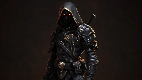 Hooded shadow rogue with ember eyes and midnight armor.