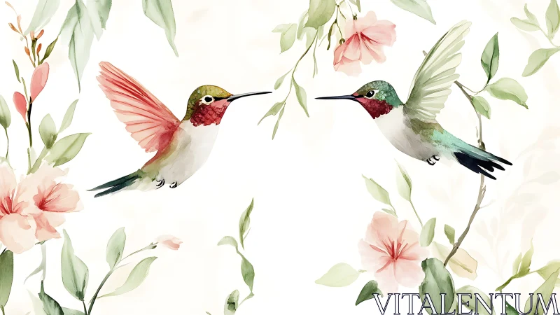 Watercolor hummingbirds among pink flowers and green leaves.