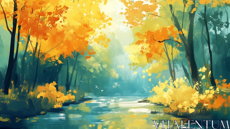 Golden forest river glows softly under gentle autumn light