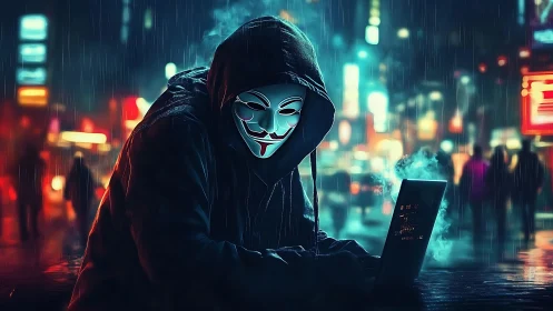 Night city hacker in mask surrounded by neon secrets.