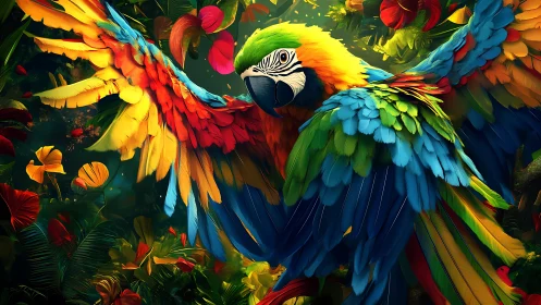 Vibrant Macaw in Lush Jungle, Colorful Digital Art Illustration.