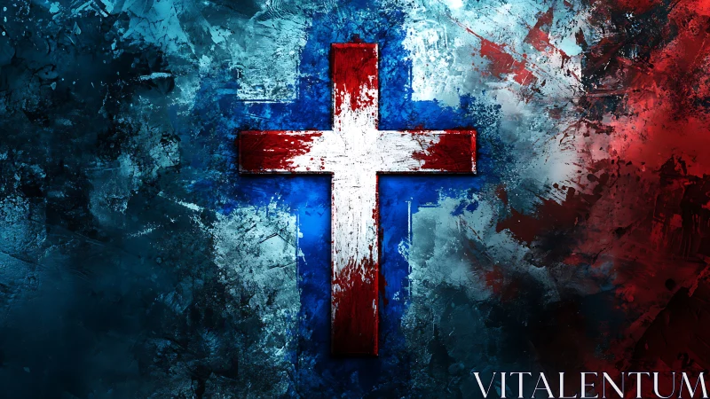 Textured tricolor cross on abstract distressed digital field.