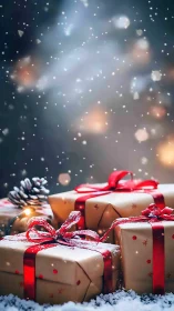 Holiday gifts glow softly under falling snow and golden lights