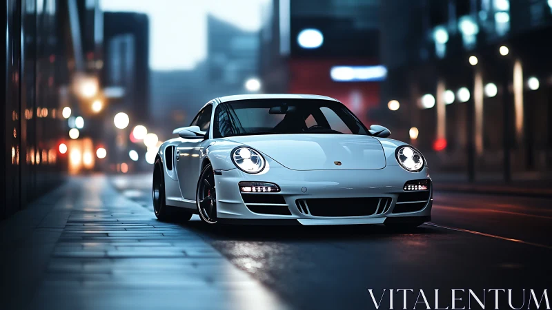 Sleek white sports car glowing under calm city night lights.