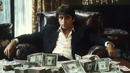 Crime boss in leather office chair surrounded by cash stacks.
