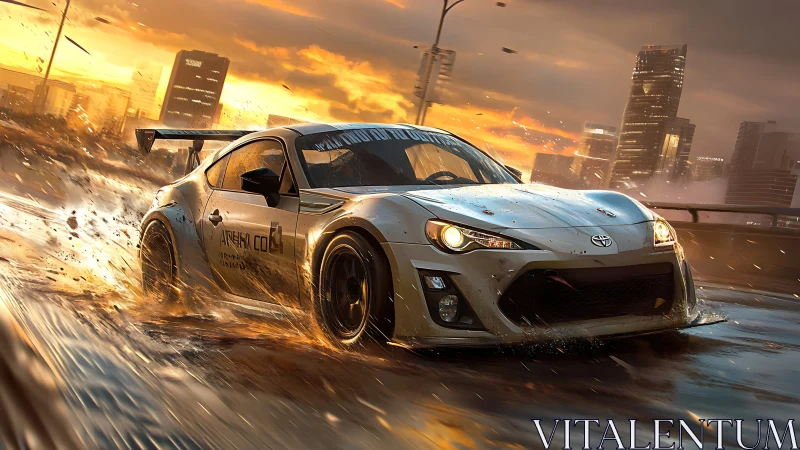 Racing coupe drifts through wet city highway at fiery sunset